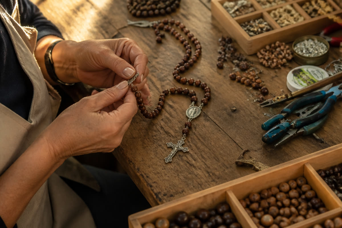 Artesã montando um terço na bancada de madeira